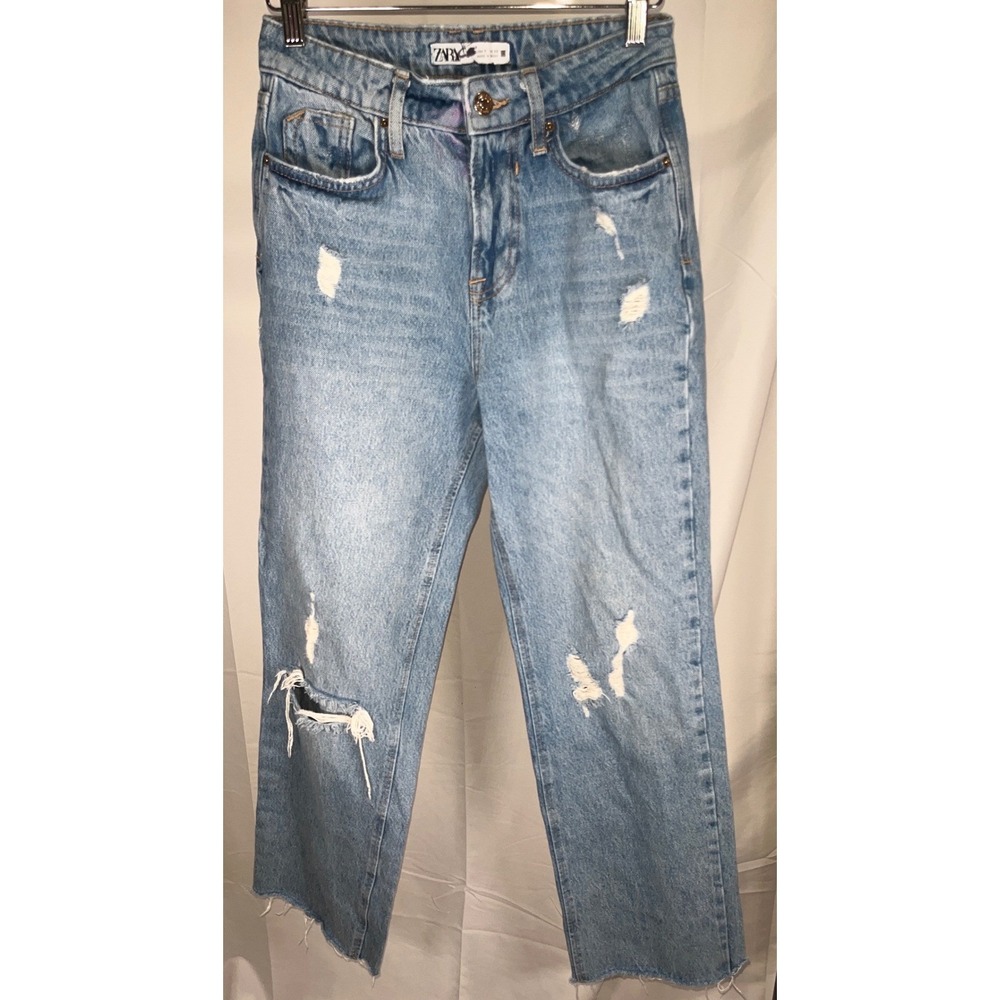 Zara Distressed High Waisted Straight Leg Jeans Light Wash Raw Hem Size 0